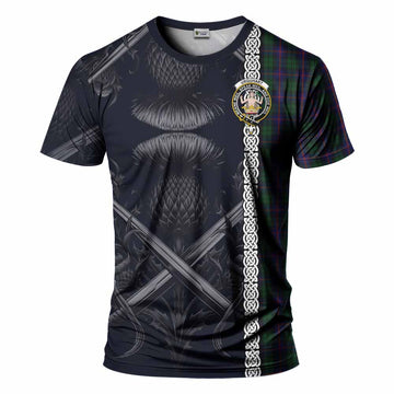 Urquhart Tartan T-Shirt with Family Crest Cross Sword Thistle Celtic Vibes