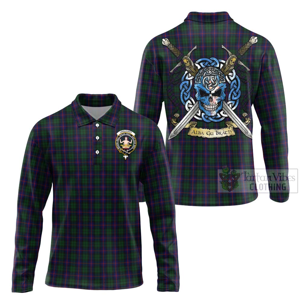 Tartan Vibes Clothing Urquhart Tartan Long Sleeve Polo Shirt with Family Crest Celtic Skull Style