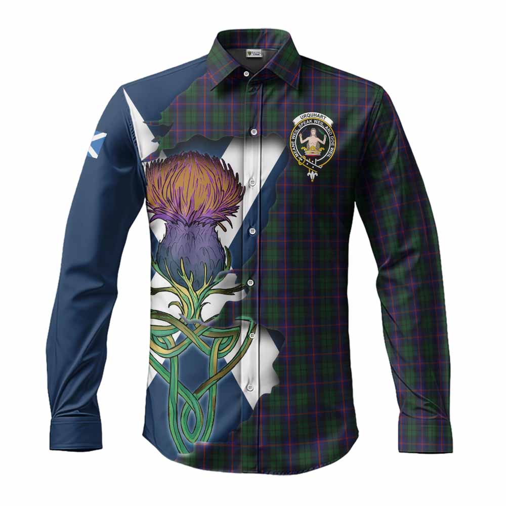 Urquhart Tartan Family Crest Long Sleeve Button Shirt Scottish Thistle Celtic Inspired Men's Shirt S - Tartan Vibes Clothing