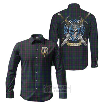 Urquhart Tartan Long Sleeve Button Shirt with Family Crest Celtic Skull Style