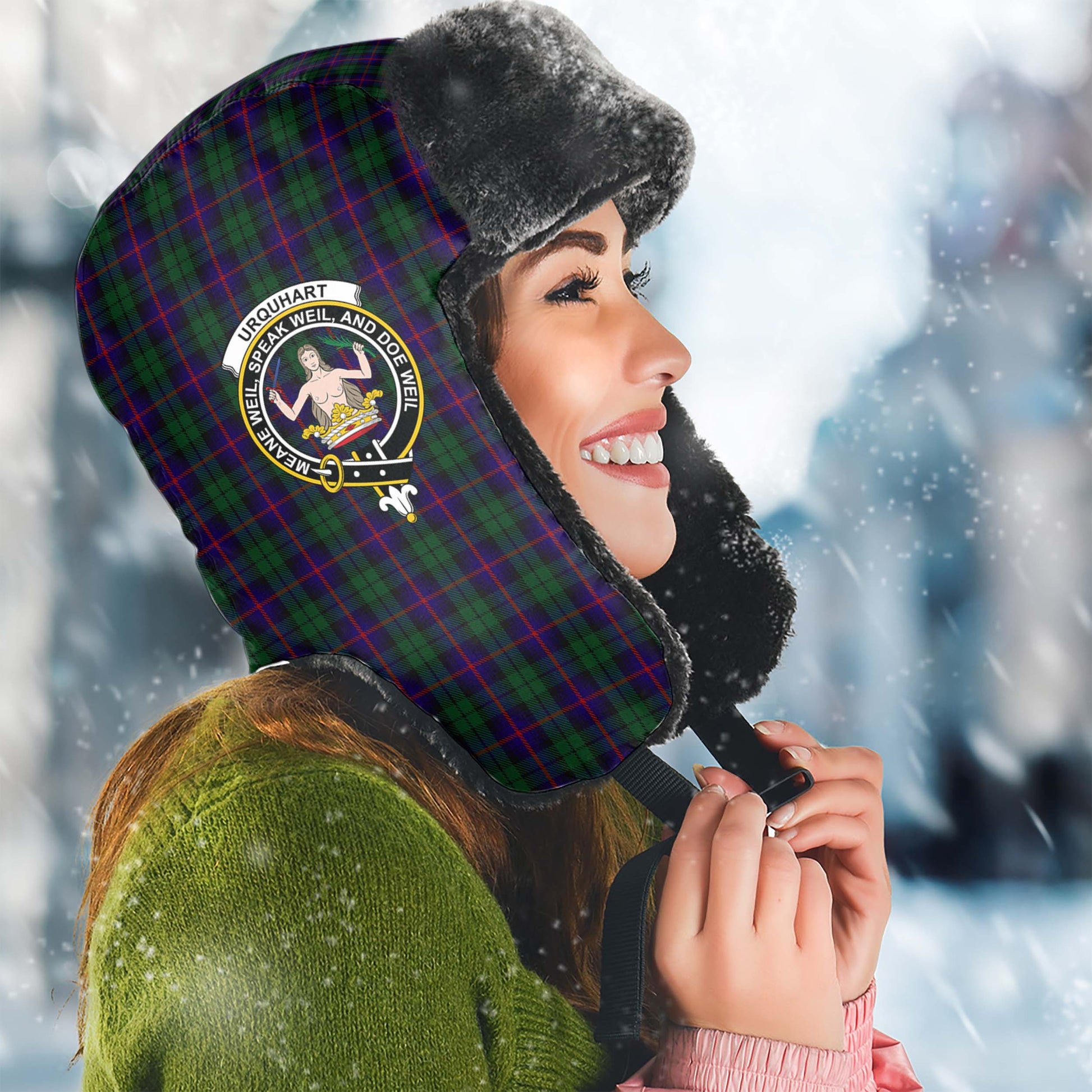 Urquhart Tartan Winter Trapper Hat with Family Crest Winter Trapper Hat Universal Fit Circumference 22.8in (58cm) - Tartanvibesclothing