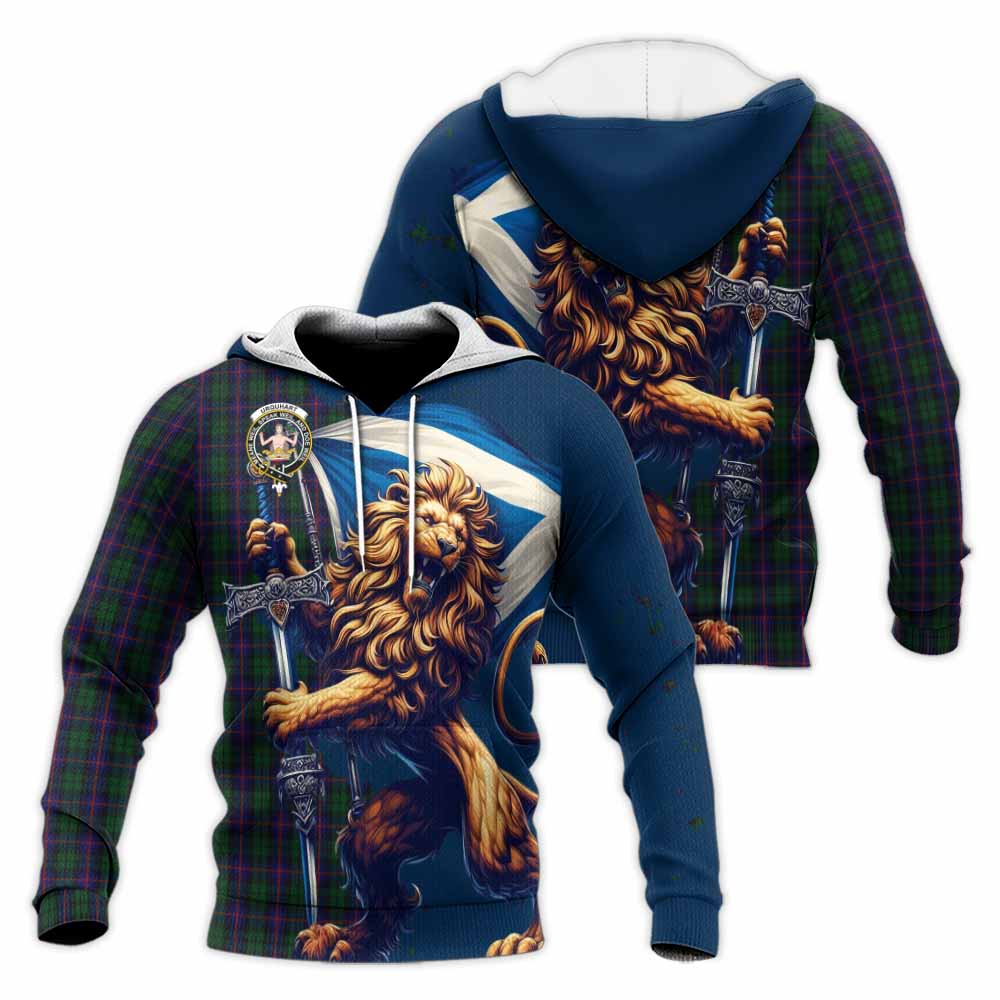 Tartan Vibes Clothing Urquhart Tartan Family Crest Knitted Hoodie with Scottish Majestic Lion