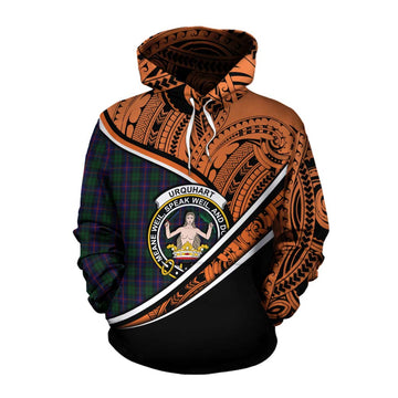 Urquhart Crest Tartan Cotton Hoodie with Polynesian Vibes Style - Orange Version