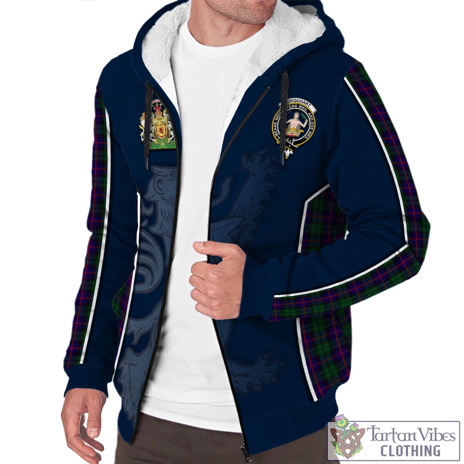 Tartan Vibes Clothing Urquhart Tartan Sherpa Hoodie with Family Crest and Lion Rampant Vibes Sport Style