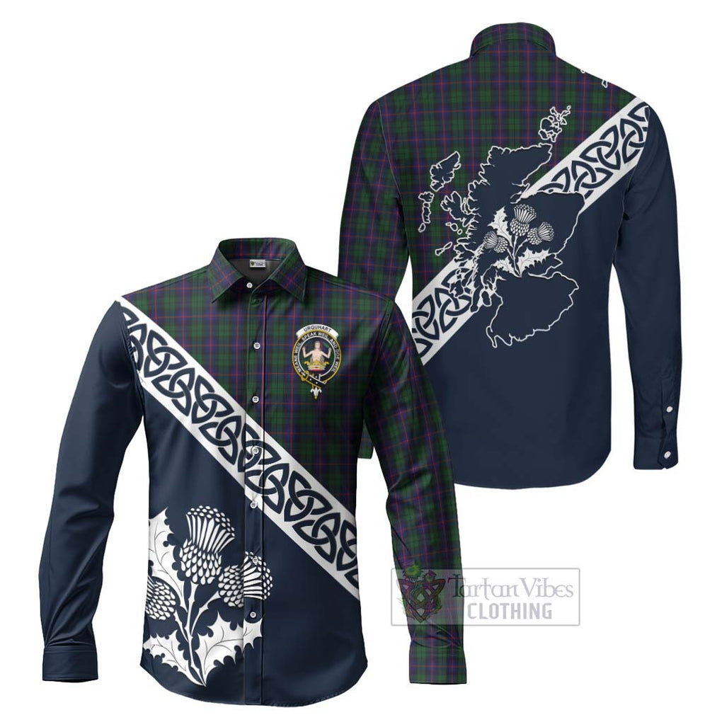 Urquhart Tartan Long Sleeve Button Shirt Featuring Thistle and Scotland Map Men's Shirt S - Tartan Vibes Clothing