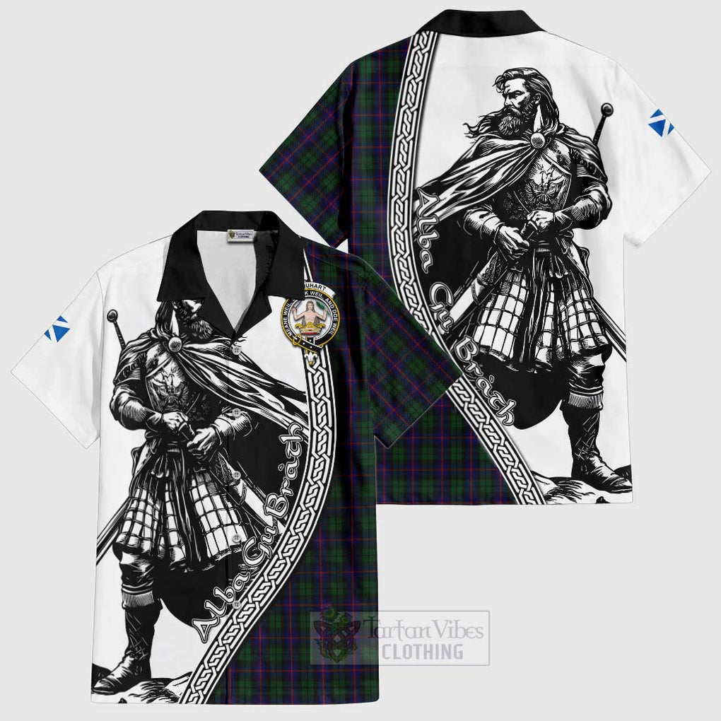 Tartan Vibes Clothing Urquhart Tartan Clan Crest Short Sleeve Button Shirt with Highlander Warrior Celtic Style