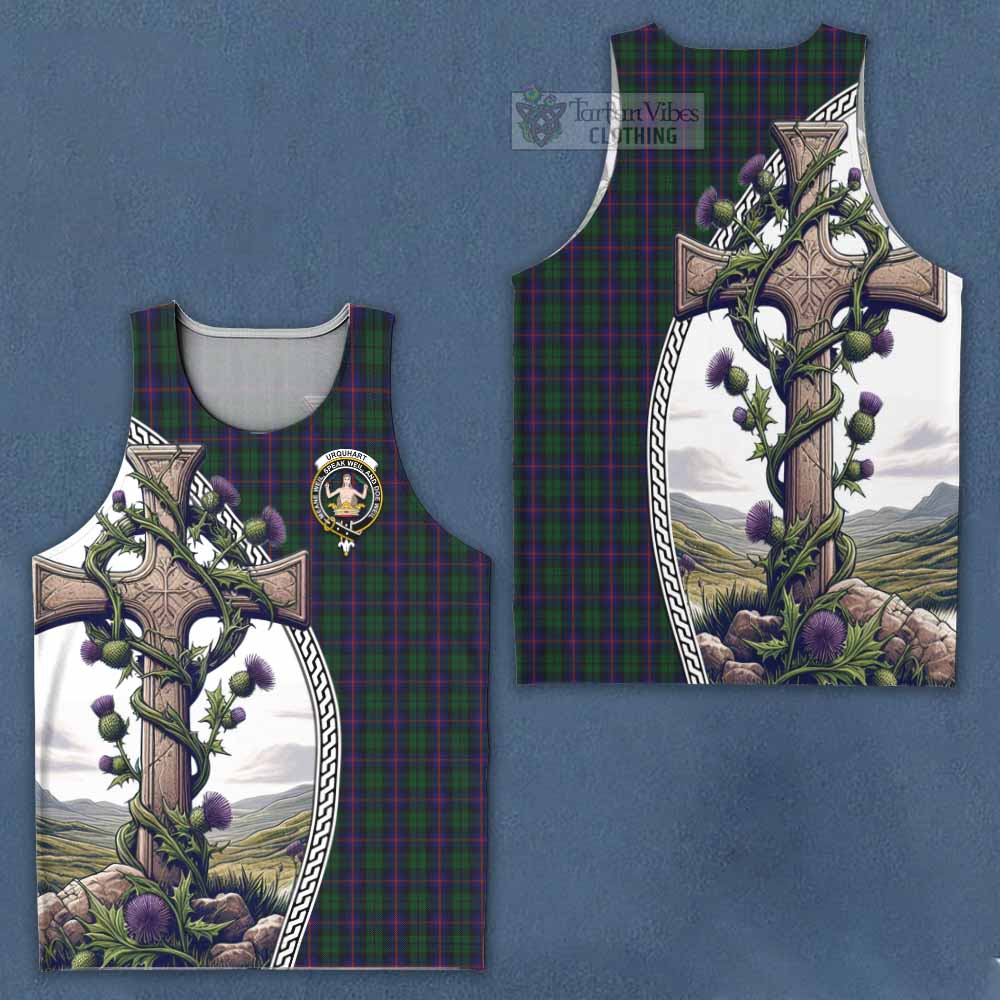 Tartan Vibes Clothing Urquhart Tartan Men's Tank Top with Family Crest and St. Andrew's Cross Accented by Thistle Vines