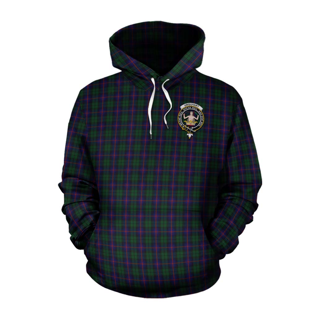 Tartan Vibes Clothing Urquhart Tartan Cotton Hoodie with Family Crest and Bearded Skull Holding Bottles of Whiskey