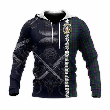 Urquhart Tartan Knitted Hoodie with Family Crest Cross Sword Thistle Celtic Vibes