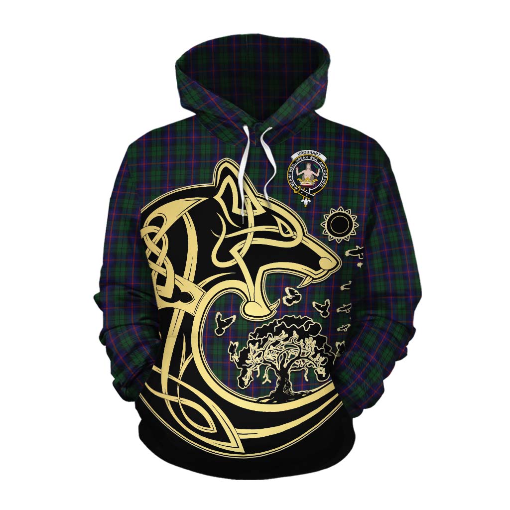 Tartan Vibes Clothing Urquhart Tartan Cotton Hoodie with Family Crest Celtic Wolf Style