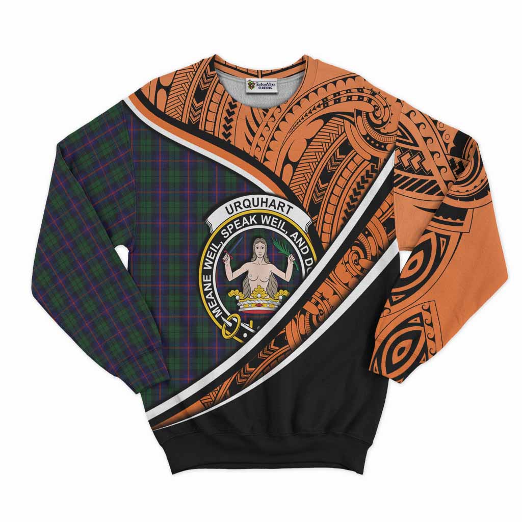 Tartan Vibes Clothing Urquhart Crest Tartan Sweatshirt with Maori Tattoo Style - Orange Version