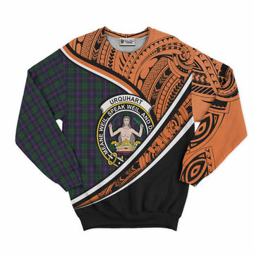 Urquhart Crest Tartan Sweatshirt with Polynesian Vibes Style - Orange Version