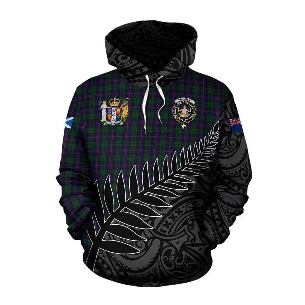 Tartan Vibes Clothing Urquhart Crest Tartan Cotton Hoodie with New Zealand Silver Fern Half Style