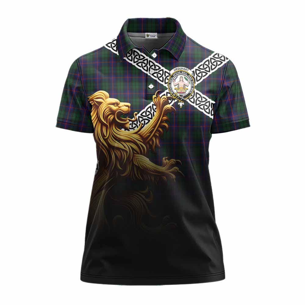 Urquhart Crest Tartan Women's Polo Shirt with Golden Lion Emblem Celtic Style Women - Tartan Vibes Clothing