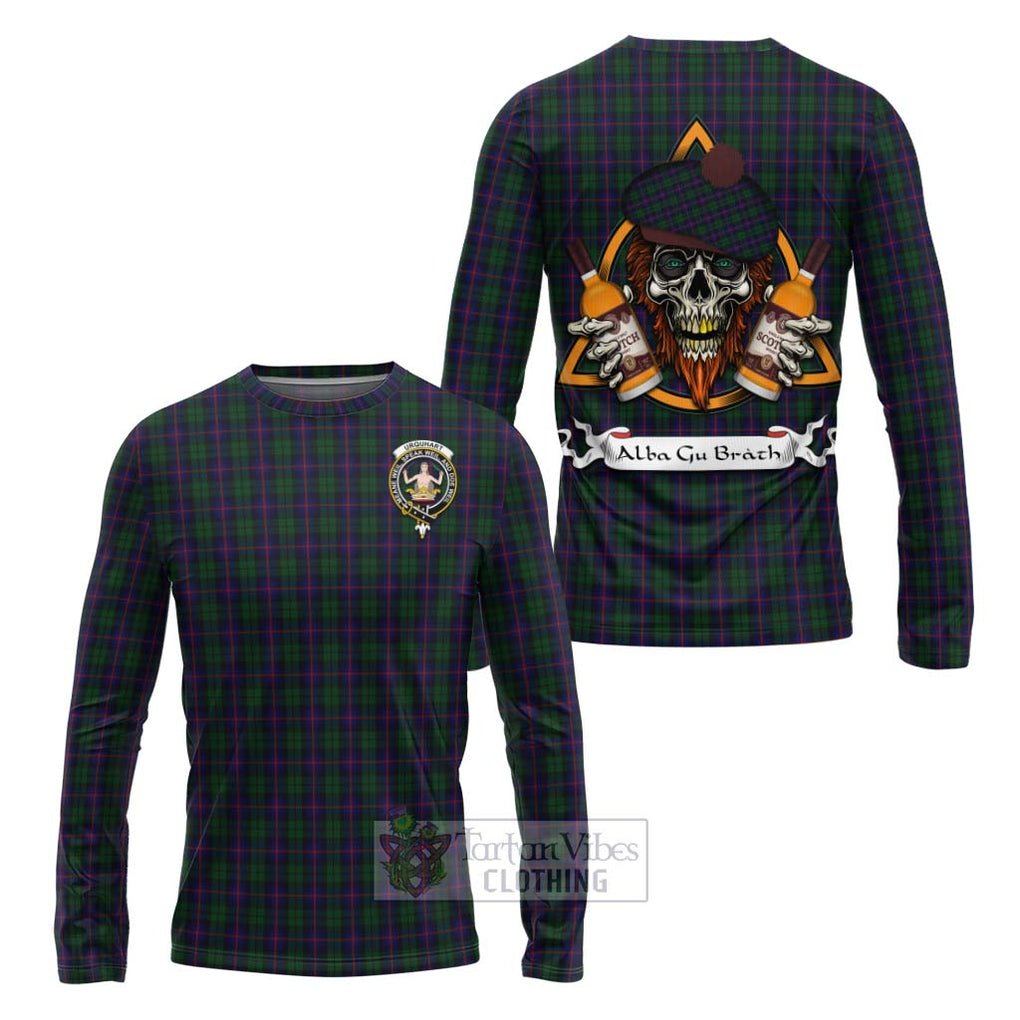 Tartan Vibes Clothing Urquhart Tartan Long Sleeve T-Shirt with Family Crest and Bearded Skull Holding Bottles of Whiskey