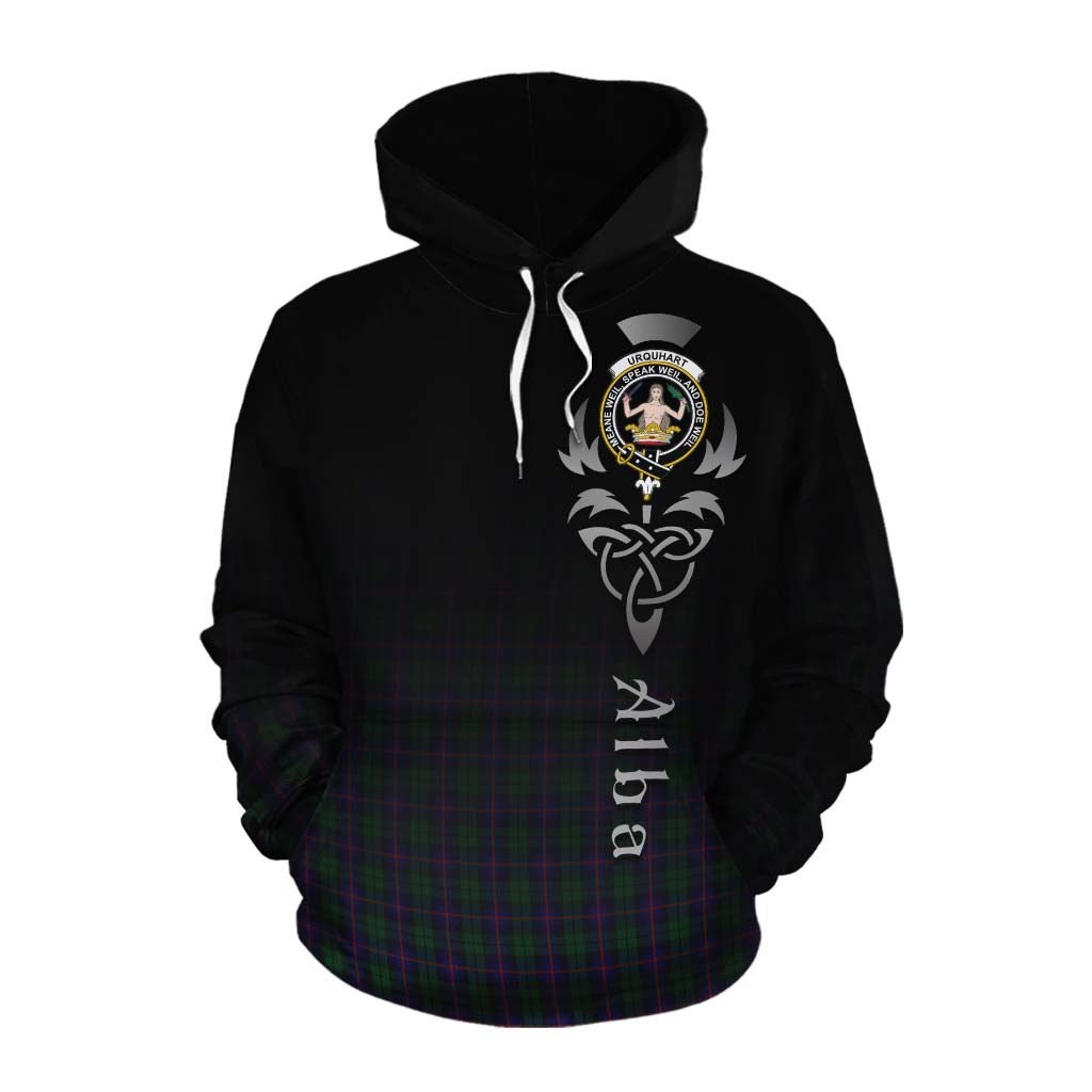 Tartan Vibes Clothing Urquhart Tartan Cotton Hoodie Featuring Alba Gu Brath Family Crest Celtic Inspired