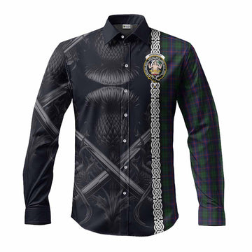 Urquhart Tartan Long Sleeve Button Shirt with Family Crest Cross Sword Thistle Celtic Vibes