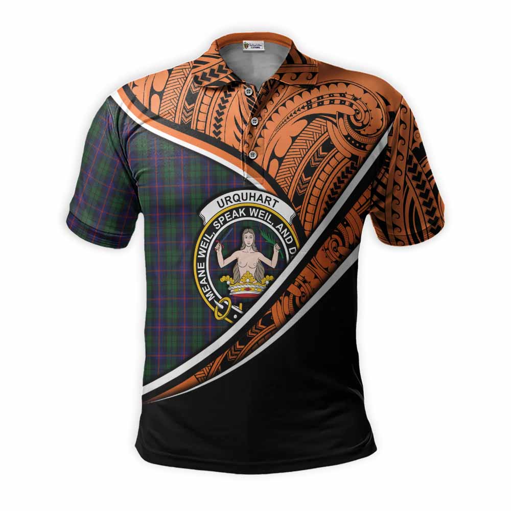 Tartan Vibes Clothing Urquhart Crest Tartan Polo Shirt with Maori Tattoo Style - Orange Version