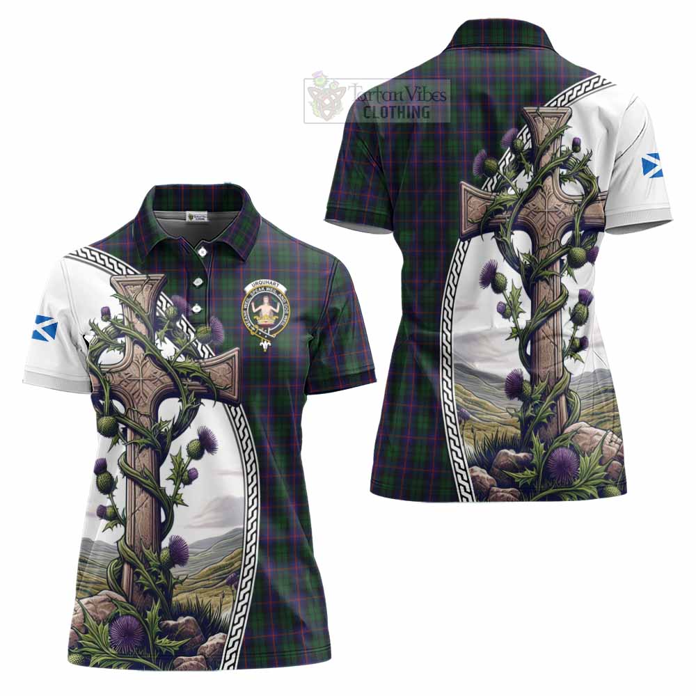 Tartan Vibes Clothing Urquhart Tartan Women's Polo Shirt with Family Crest and St. Andrew's Cross Accented by Thistle Vines