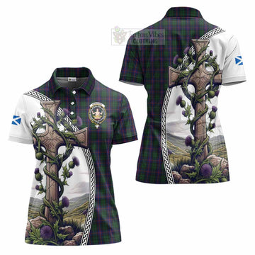 Urquhart Tartan Women's Polo Shirt with Family Crest and St. Andrew's Cross Accented by Thistle Vines