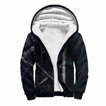 Urquhart Tartan Sherpa Hoodie with Family Crest Cross Sword Thistle Celtic Vibes