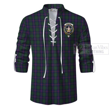 Urquhart Tartan Ghillie Kilt Shirt with Family Crest and Bearded Skull Holding Bottles of Whiskey