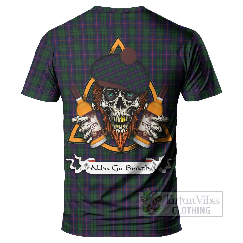 Tartan Vibes Clothing Urquhart Tartan T-Shirt with Family Crest and Bearded Skull Holding Bottles of Whiskey