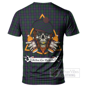 Urquhart Tartan T-Shirt with Family Crest and Bearded Skull Holding Bottles of Whiskey