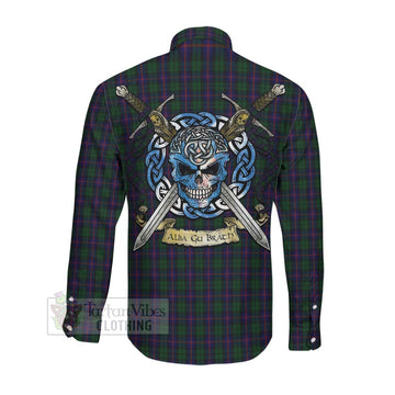 Urquhart Tartan Long Sleeve Button Shirt with Family Crest Celtic Skull Style