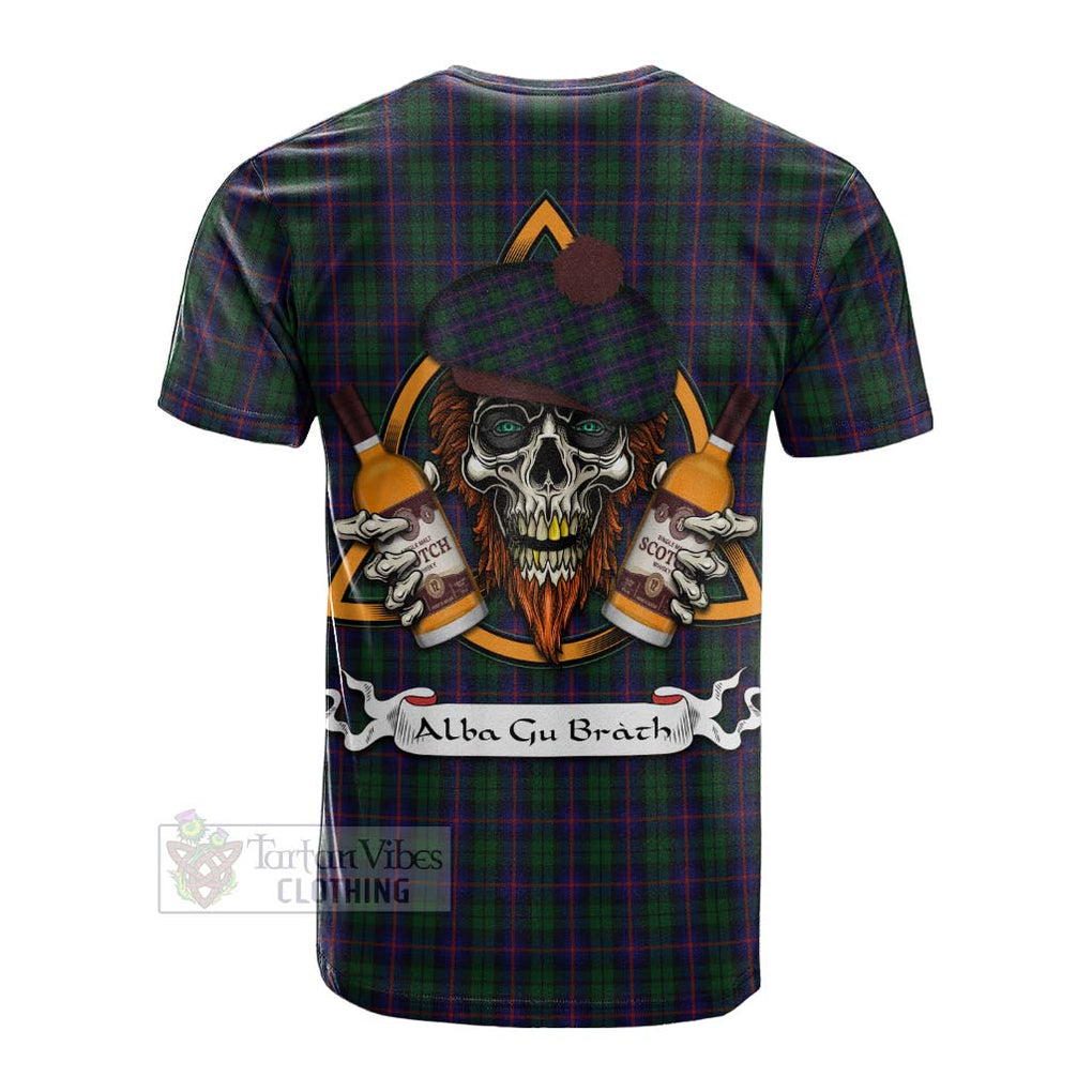 Tartan Vibes Clothing Urquhart Tartan Cotton T-shirt with Family Crest and Bearded Skull Holding Bottles of Whiskey