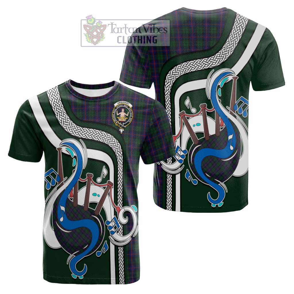 Tartan Vibes Clothing Urquhart Tartan Cotton T-shirt with Epic Bagpipe Style