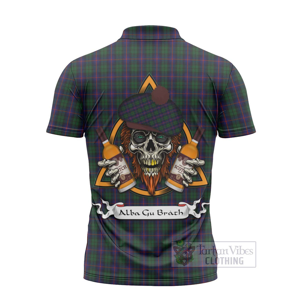 Tartan Vibes Clothing Urquhart Tartan Zipper Polo Shirt with Family Crest and Bearded Skull Holding Bottles of Whiskey