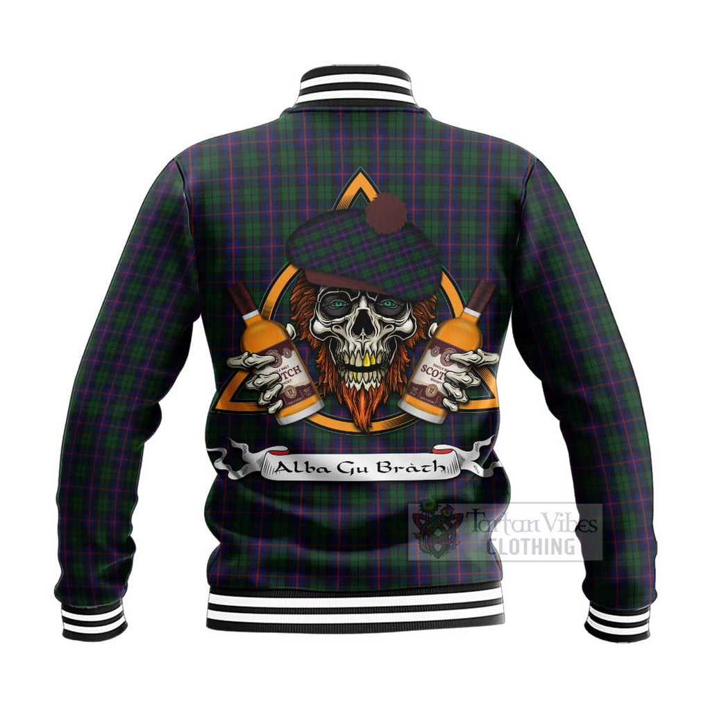 Tartan Vibes Clothing Urquhart Tartan Baseball Jacket with Family Crest and Bearded Skull Holding Bottles of Whiskey