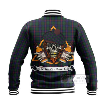 Urquhart Tartan Baseball Jacket with Family Crest and Bearded Skull Holding Bottles of Whiskey