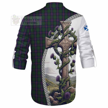 Urquhart Tartan Ghillie Kilt Shirt with Family Crest and St. Andrew's Cross Accented by Thistle Vines