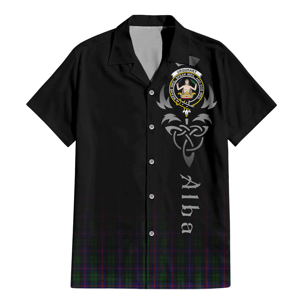 Tartan Vibes Clothing Urquhart Tartan Short Sleeve Button Up Featuring Alba Gu Brath Family Crest Celtic Inspired