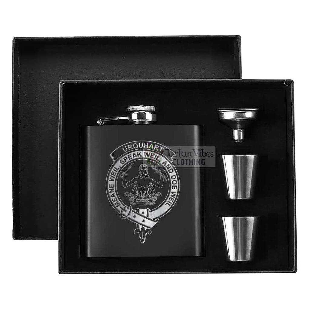 Urquhart Crest Hip Flask Set 7oz Black Stainless Steel with A Gift Box - 2D-tartanvibesclothing