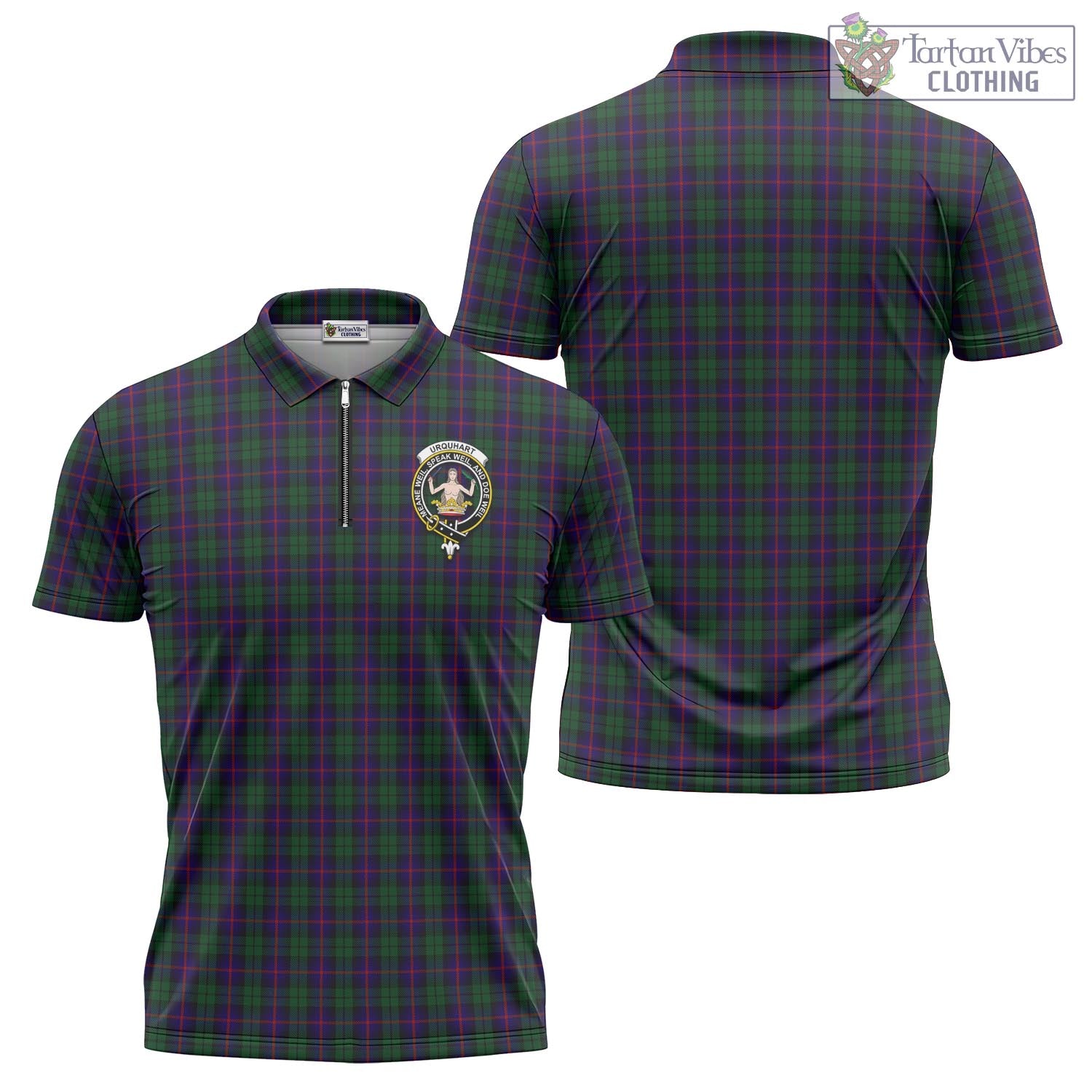 Tartan Vibes Clothing Urquhart Tartan Zipper Polo Shirt with Family Crest