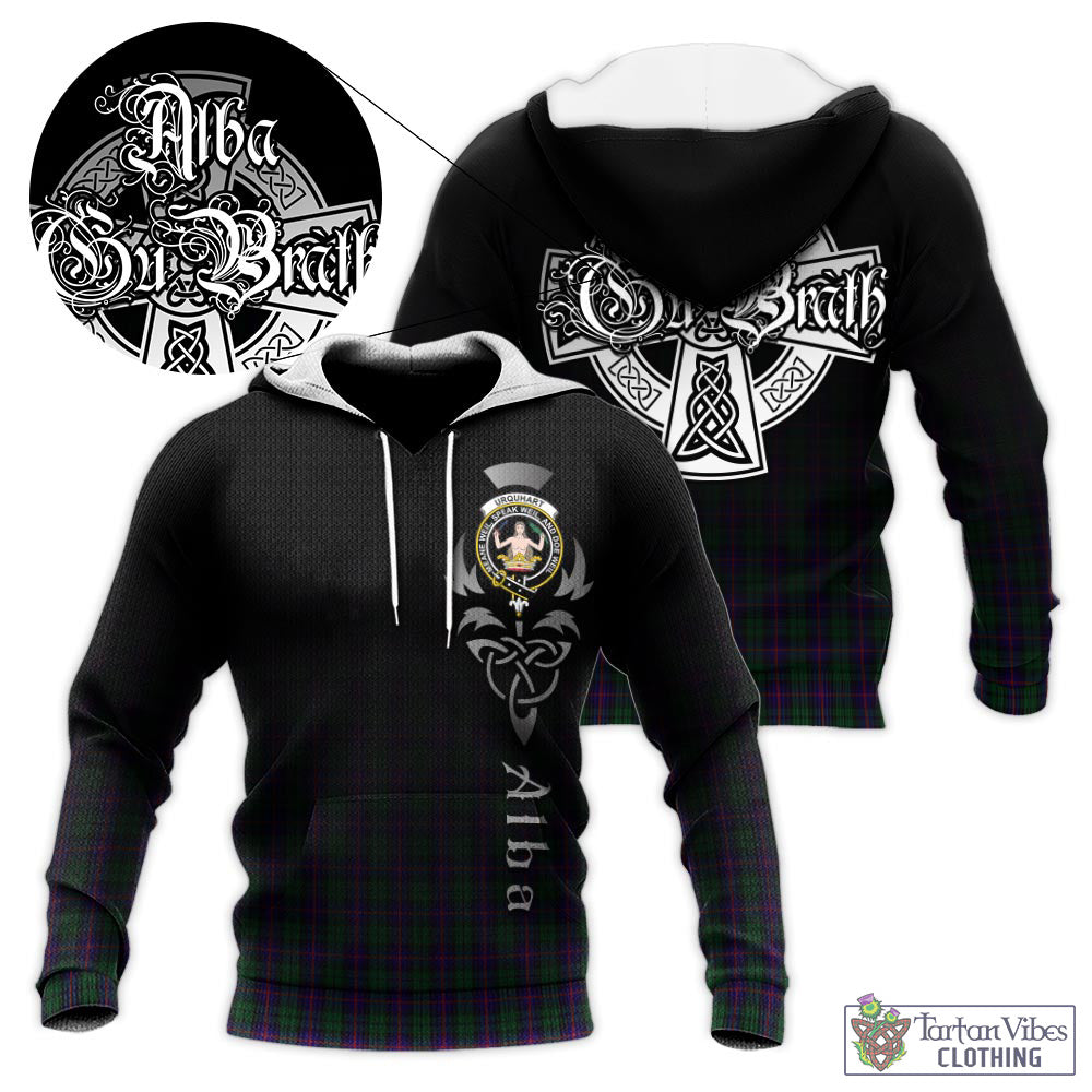 Tartan Vibes Clothing Urquhart Tartan Knitted Hoodie Featuring Alba Gu Brath Family Crest Celtic Inspired