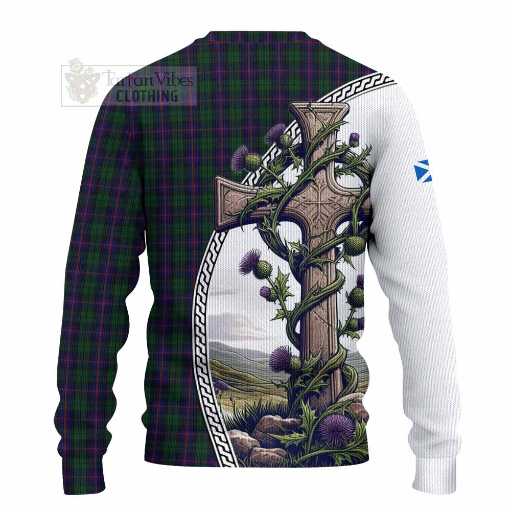 Urquhart Tartan Knitted Sweater with Family Crest and St. Andrew's Cross Accented by Thistle Vines - Tartan Vibes Clothing