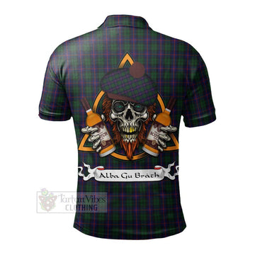 Urquhart Tartan Polo Shirt with Family Crest and Bearded Skull Holding Bottles of Whiskey