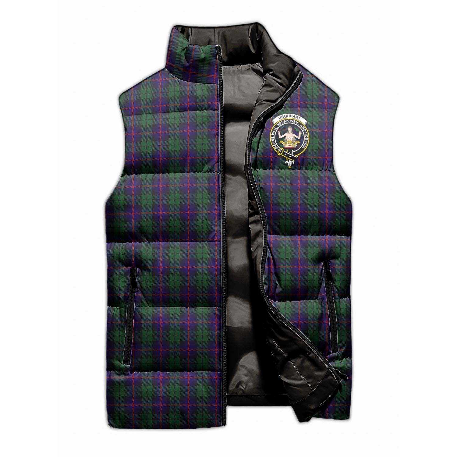 Urquhart Tartan Sleeveless Puffer Jacket with Family Crest - Tartanvibesclothing