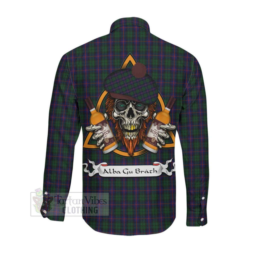 Tartan Vibes Clothing Urquhart Tartan Long Sleeve Button Shirt with Family Crest and Bearded Skull Holding Bottles of Whiskey