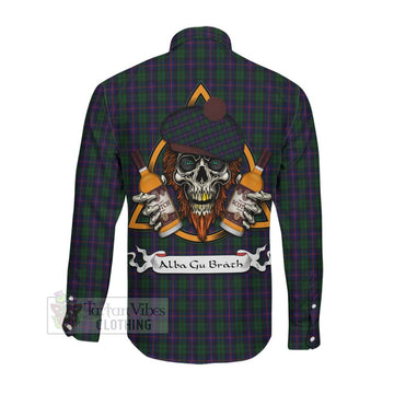 Urquhart Tartan Long Sleeve Button Shirt with Family Crest and Bearded Skull Holding Bottles of Whiskey