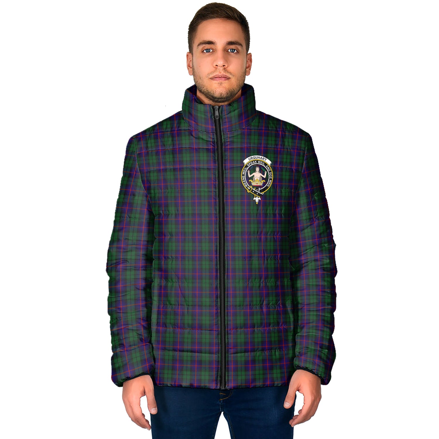 Urquhart Tartan Padded Jacket with Family Crest - Tartan Vibes Clothing