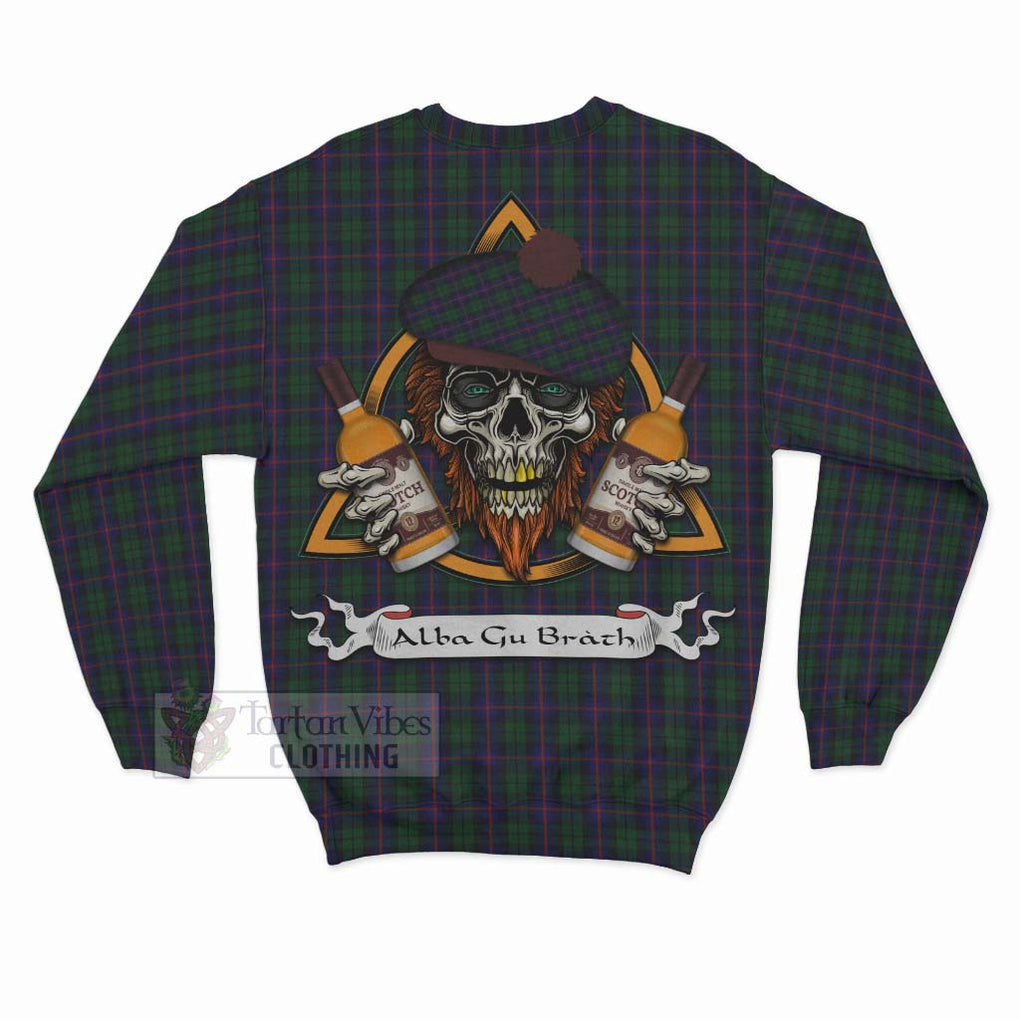 Tartan Vibes Clothing Urquhart Tartan Sweatshirt with Family Crest and Bearded Skull Holding Bottles of Whiskey