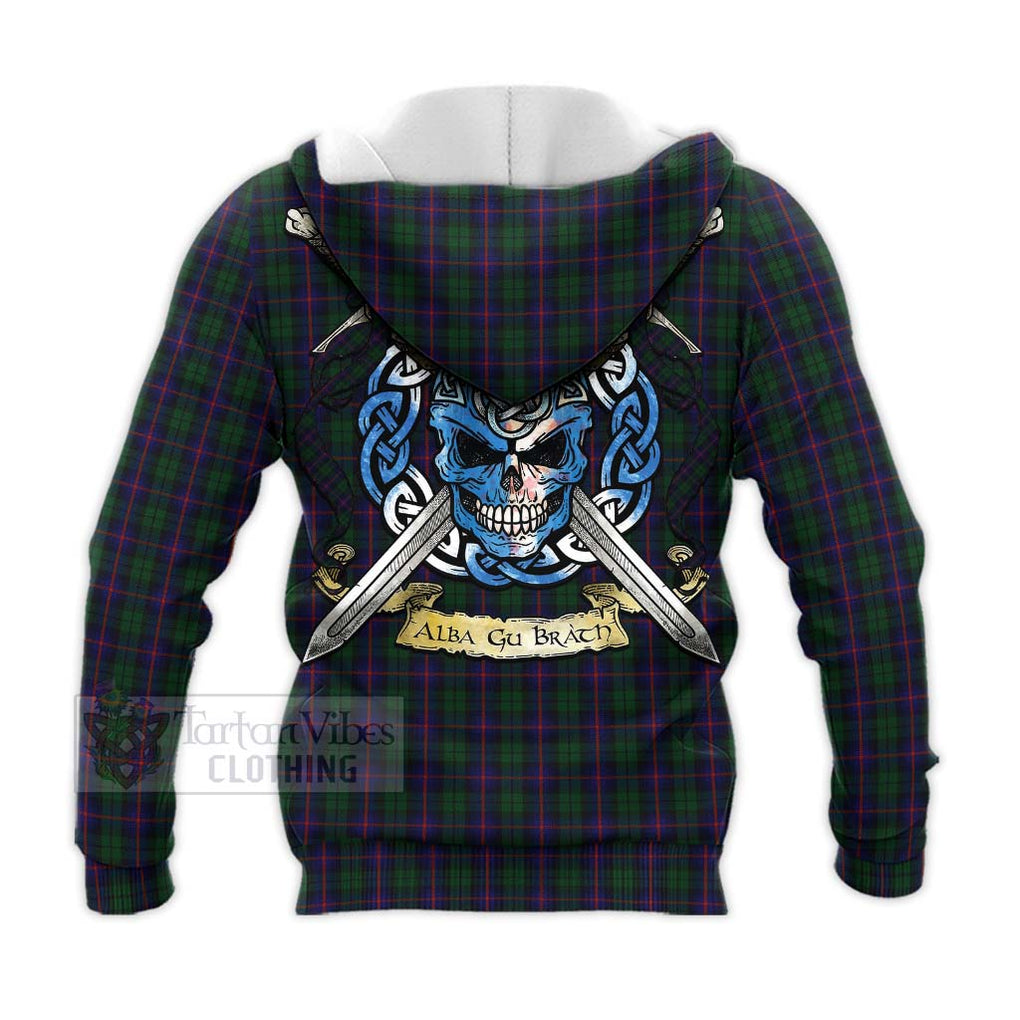 Tartan Vibes Clothing Urquhart Tartan Knitted Hoodie with Family Crest Celtic Skull Style