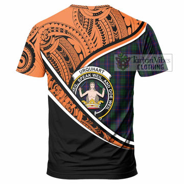 Urquhart Crest Tartan T-Shirt with Polynesian Vibes Style - Orange Version