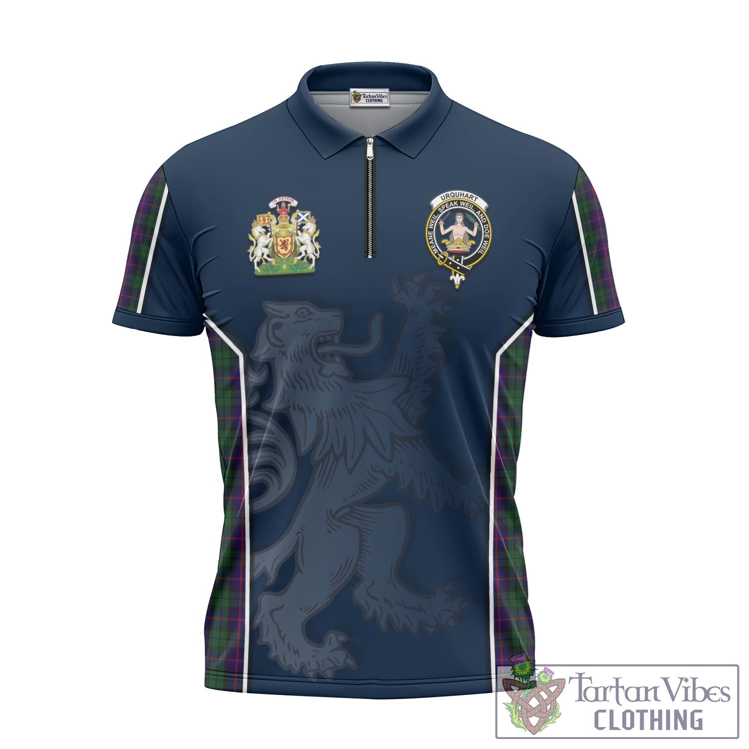 Tartan Vibes Clothing Urquhart Tartan Zipper Polo Shirt with Family Crest and Lion Rampant Vibes Sport Style