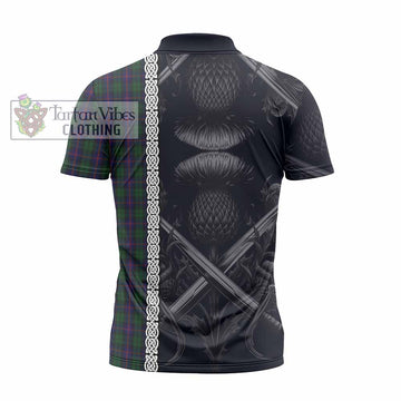 Urquhart Tartan Zipper Polo Shirt with Family Crest Cross Sword Thistle Celtic Vibes